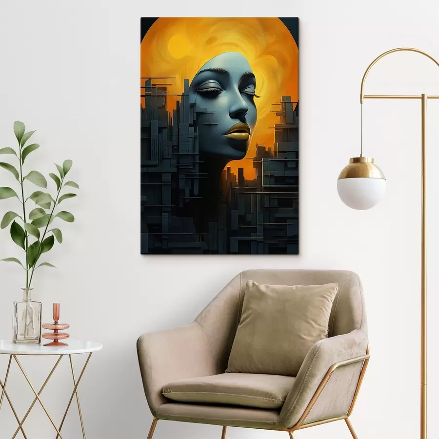 Wandbilder Menschen, Mädchen Gesicht Stadt auf einem abstrakten Hintergrund s45342