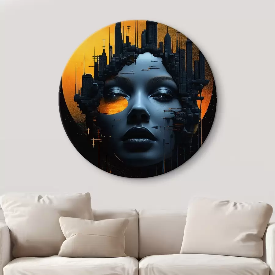 Wandbilder Menschen, Mädchengesicht auf einem Stadthintergrund, abstrakt r45341