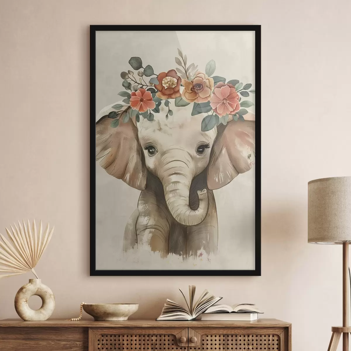 Poster Niedlicher Aquarell-Elefant mit Blumen f45330