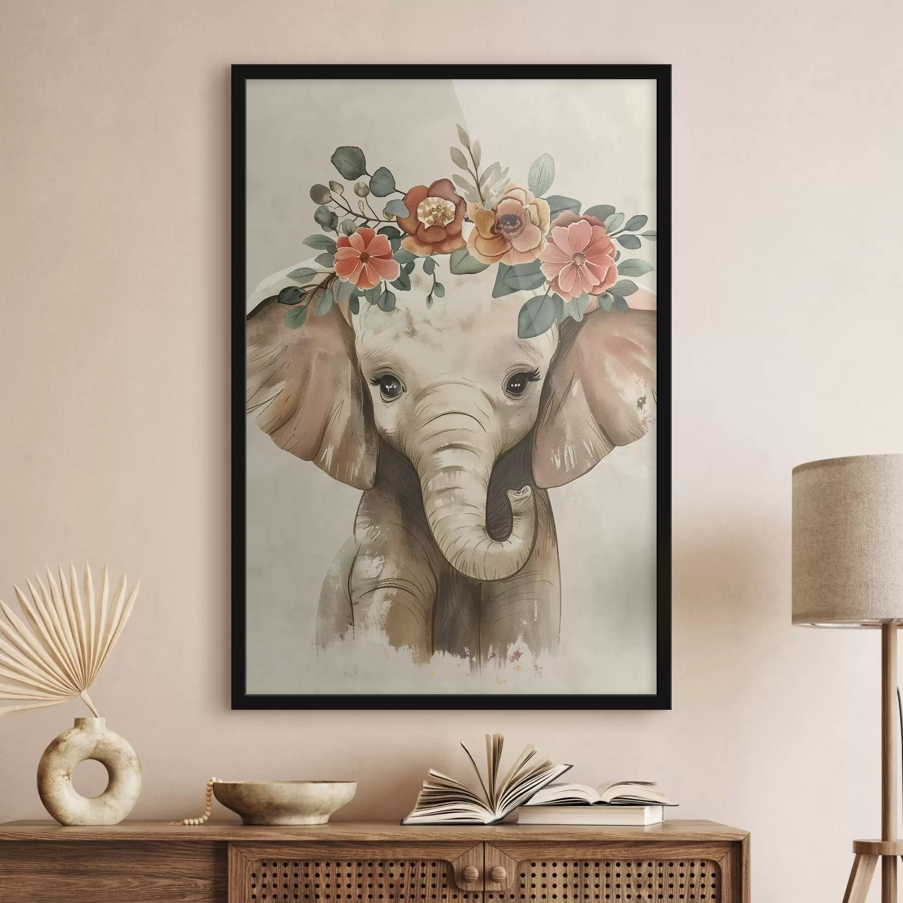 Fototapete Niedlicher Aquarell-Elefant mit Blumen f45330