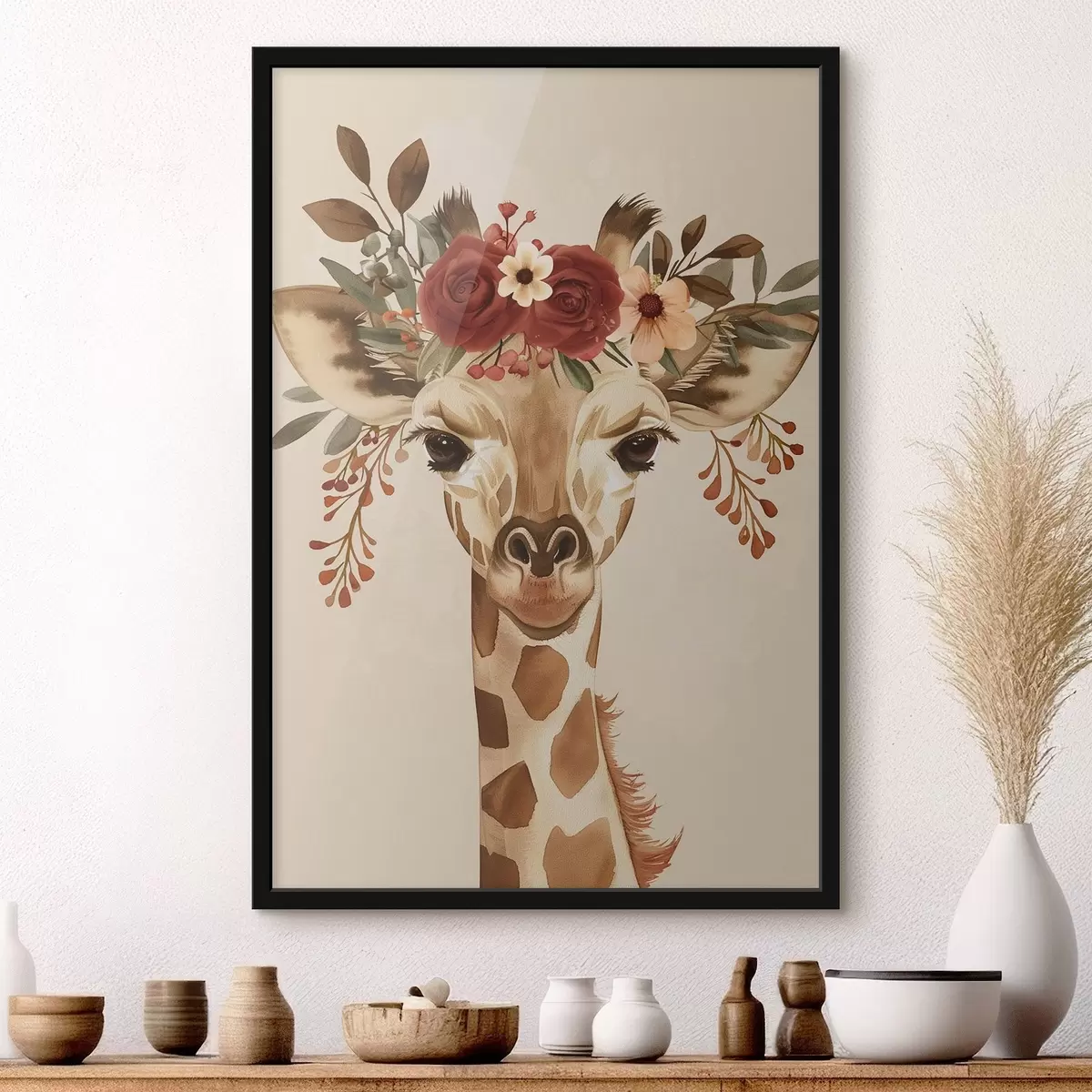 Poster Giraffe im Aquarellstil mit Blumen auf dem Kopf f45331