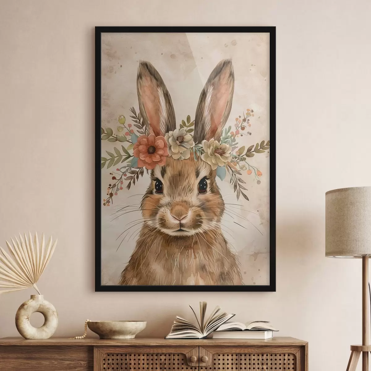 Poster Niedlicher Hase mit Blumen im Aquarellstil f45332