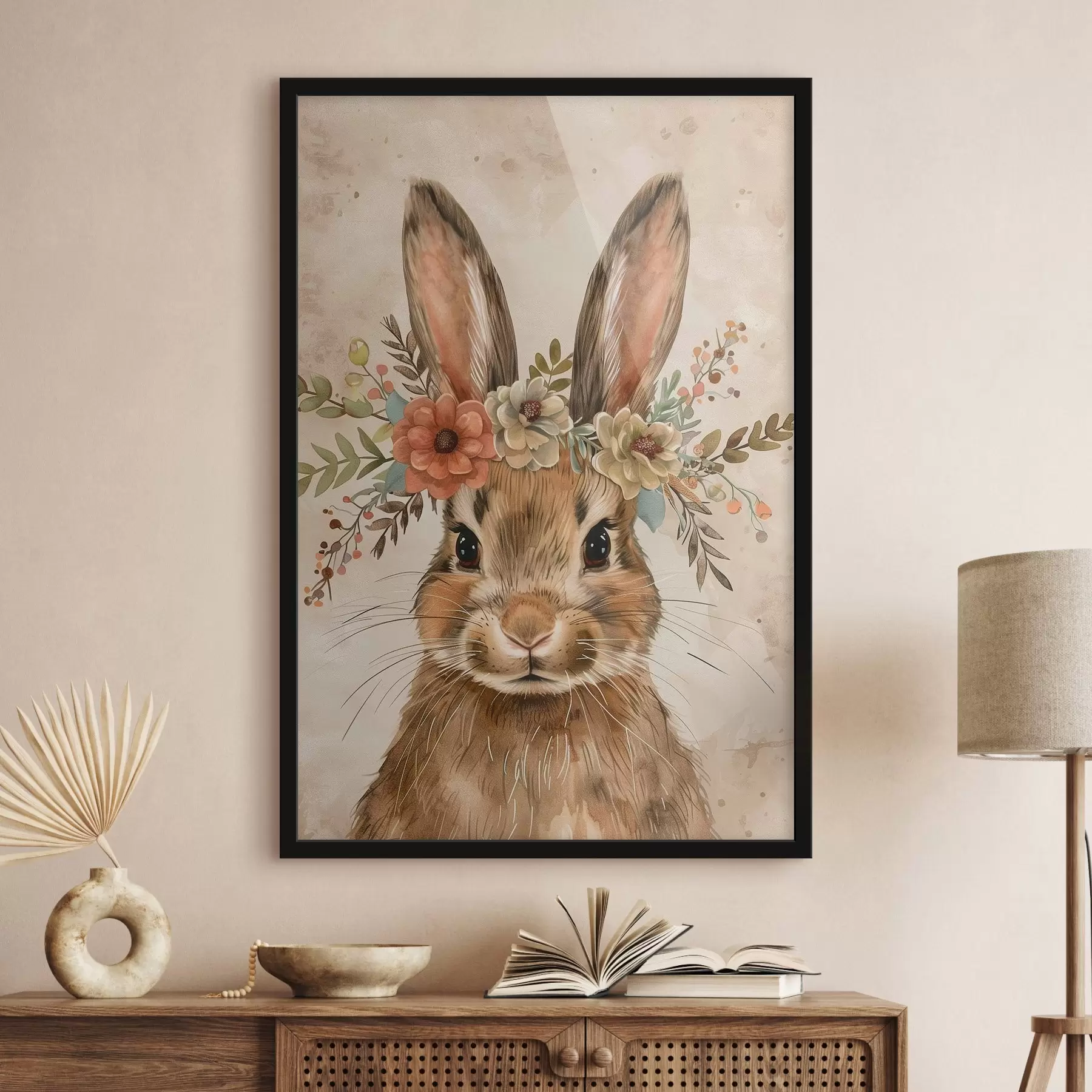 Fototapete Niedlicher Hase mit Blumen im Aquarellstil f45332