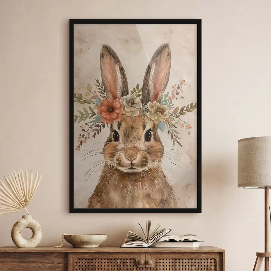 Fototapete Niedlicher Hase mit Blumen im Aquarellstil f45332
