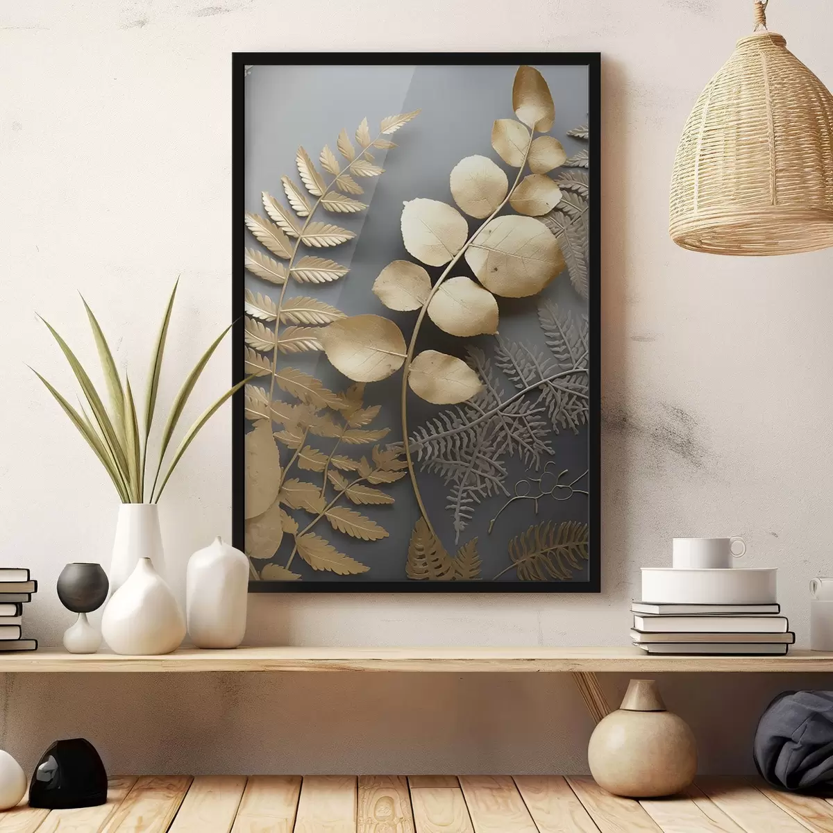 Poster Farn und Eukalyptuszweige auf dunklem Hintergrund f45334