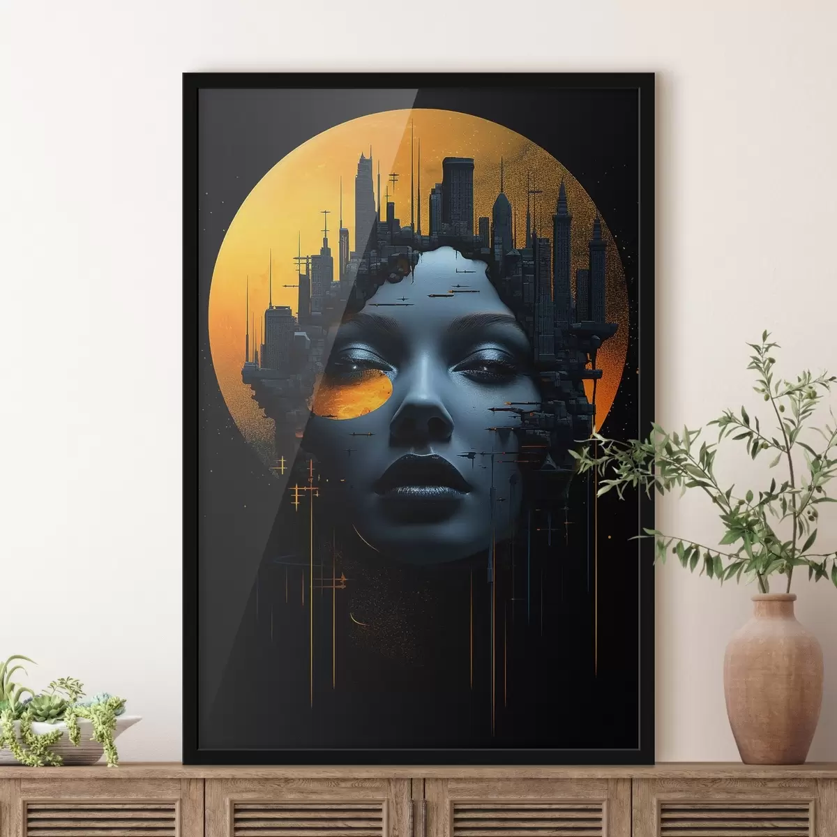 Poster Menschen, Mädchengesicht auf einem Stadthintergrund, abstrakt f45341