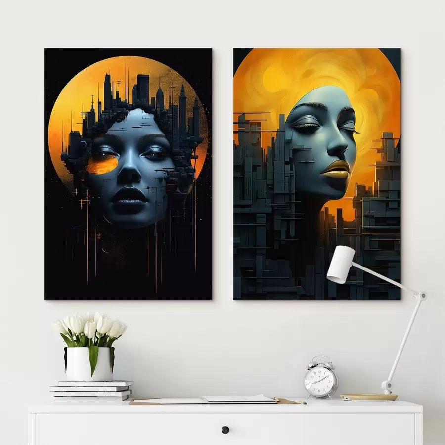 Wandbilder Porträt eines Mädchens auf einem abstrakten Stadthintergrund m00618