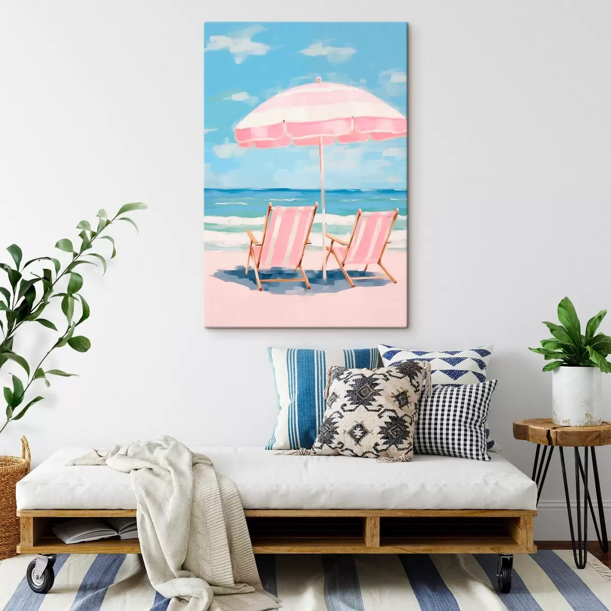 Wandbilder Sonnenschirm und Liegestühle an der Küste s45442