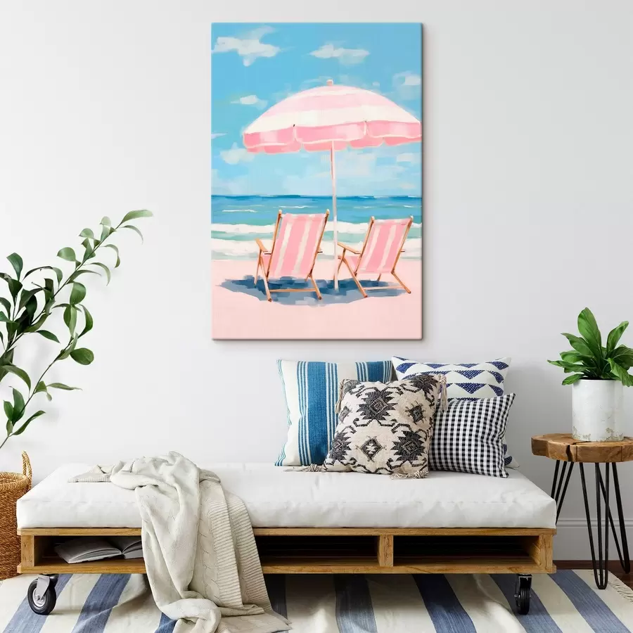 Wandbilder Sonnenschirm und Liegestühle an der Küste s45442
