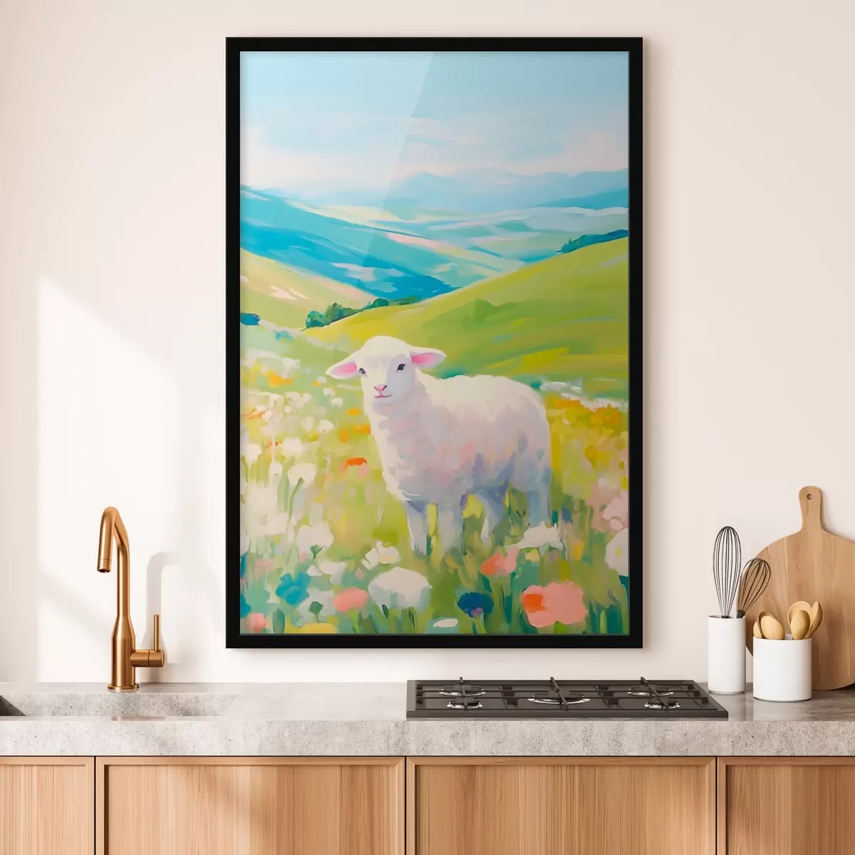 Poster Lamm in einem Blumenfeld f45426