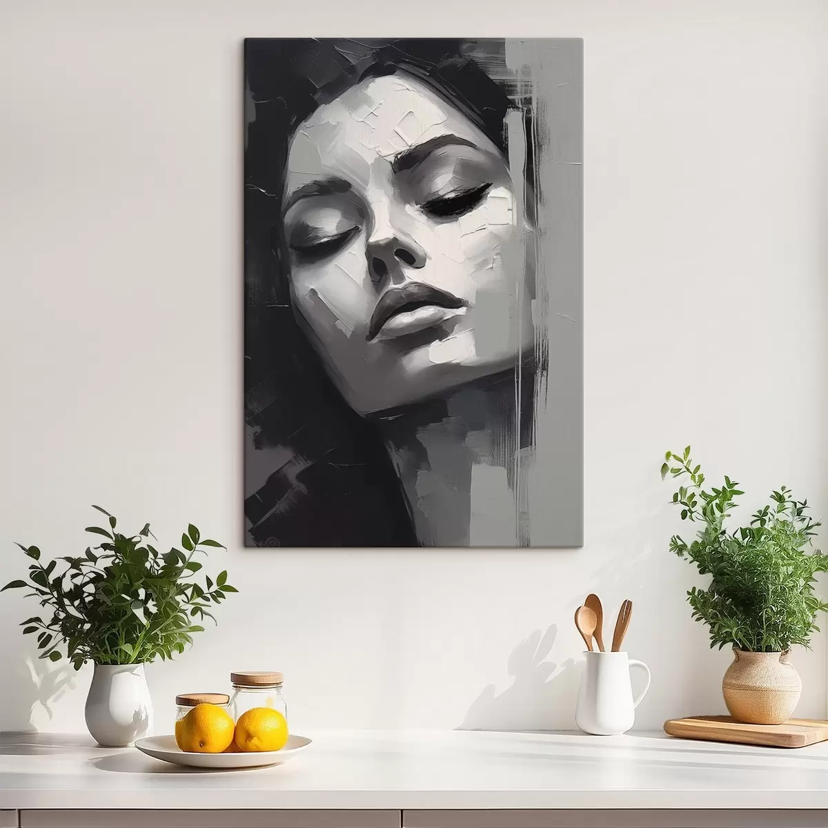 Wandbilder Schwarzes und weißes Porträt einer Frau mit geschlossenen Augen s45479