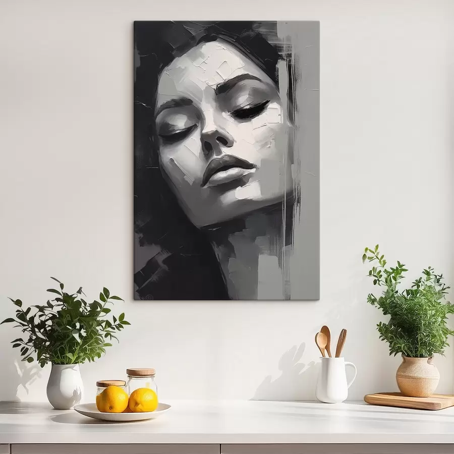 Wandbilder Schwarzes und weißes Porträt einer Frau mit geschlossenen Augen s45479