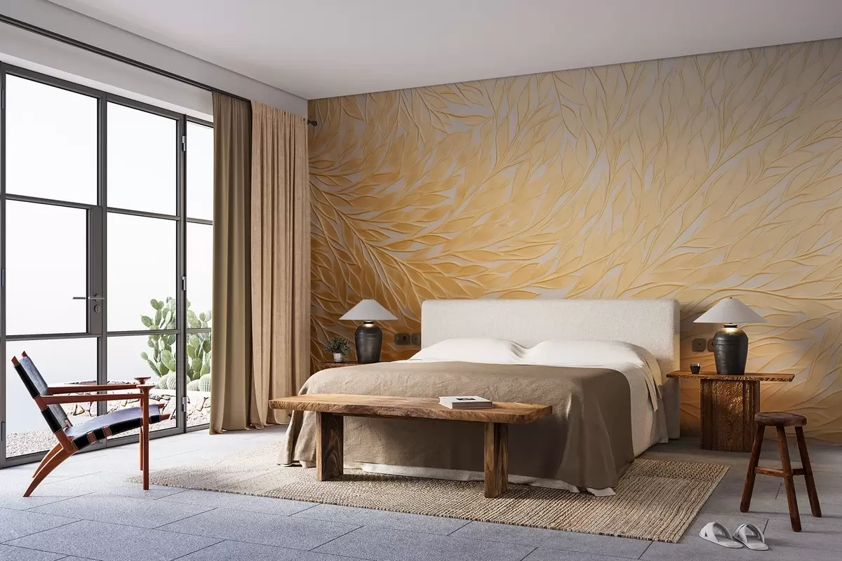 Fototapete Geprägtes Blattmuster in warmen Honiggelb-Tönen w09325