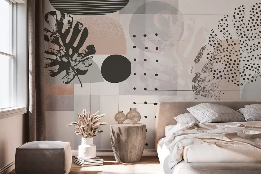 Fototapete Abstrakter Druck mit geometrischen Formen und monstera tropischen Blättern, Kreisen, Punkten und Linien, modernes und minimalistisches Design w09333