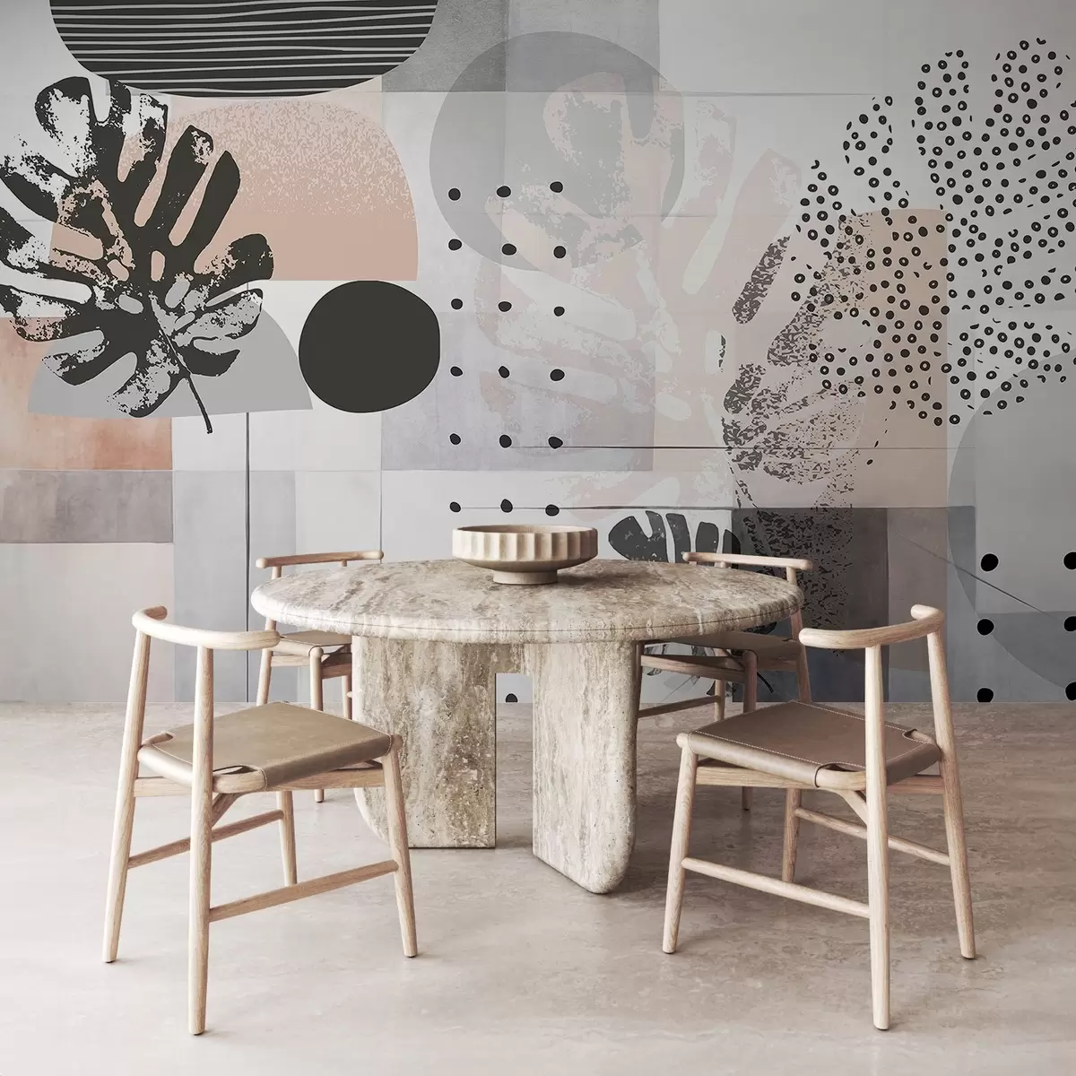 Fototapete Abstrakter Druck mit geometrischen Formen und monstera tropischen Blättern, Kreisen, Punkten und Linien, modernes und minimalistisches Design w09333