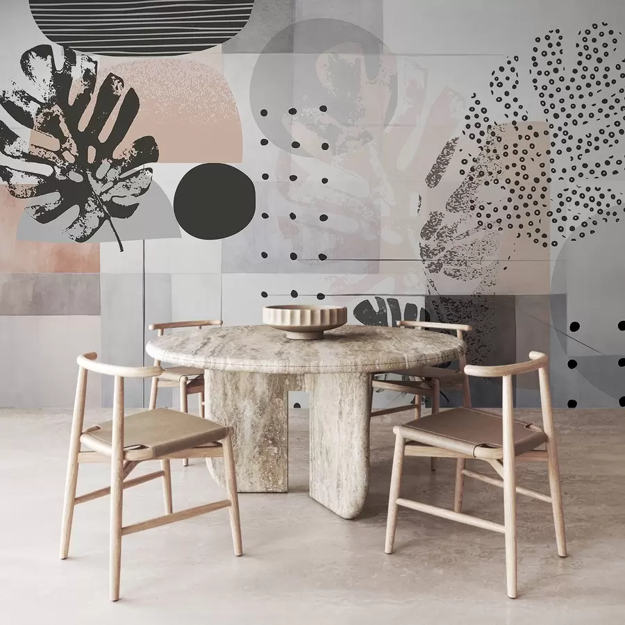 Fototapete Abstrakter Druck mit geometrischen Formen und monstera tropischen Blättern, Kreisen, Punkten und Linien, modernes und minimalistisches Design w09333