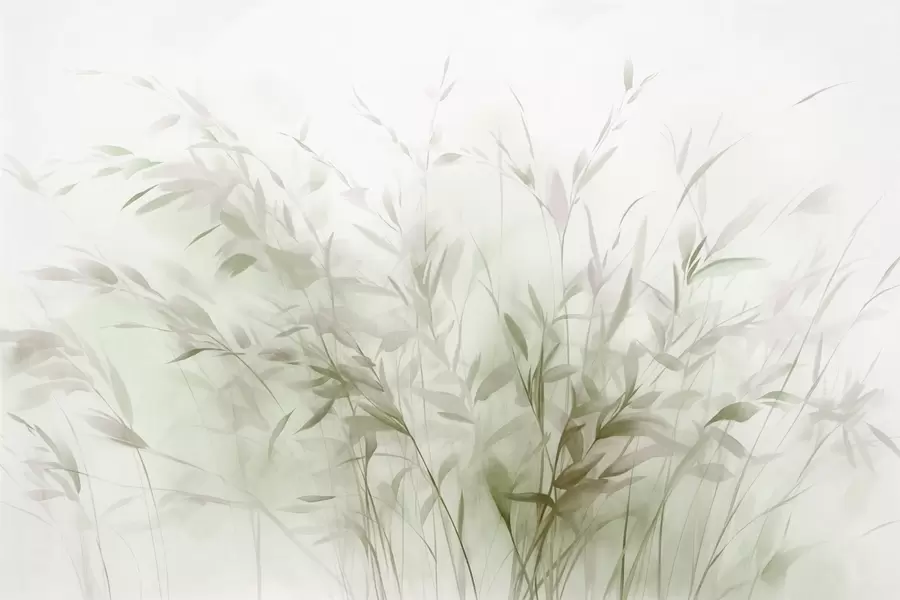 Fototapete Gras und Unkraut mit dünnen Blättern und Stängeln, hellgrüne und braune Farben, weiche und zarte Pinselstriche, minimalistischer Druck w09342