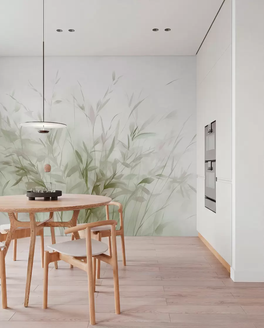 Fototapete Gras und Unkraut mit dünnen Blättern und Stängeln, hellgrüne und braune Farben, weiche und zarte Pinselstriche, minimalistischer Druck w09342