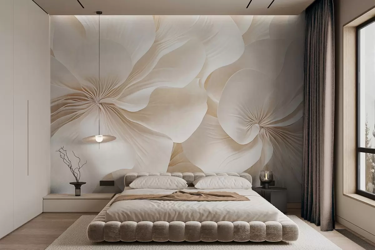 Fototapete Nahaufnahme von cremig strukturierten Blumen mit zarten, fließenden Blütenblättern, die ein weiches, elegantes und strukturiertes Blumenarrangement ergeben w09346