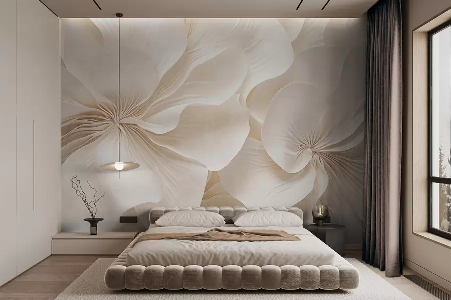 Fototapete Nahaufnahme von cremig strukturierten Blumen mit zarten, fließenden Blütenblättern, die ein weiches, elegantes und strukturiertes Blumenarrangement ergeben w09346