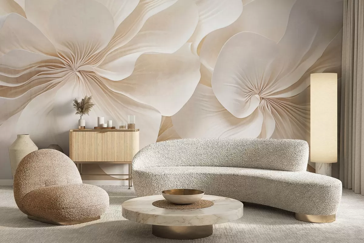 Fototapete Nahaufnahme von cremig strukturierten Blumen mit zarten, fließenden Blütenblättern, die ein weiches, elegantes und strukturiertes Blumenarrangement ergeben w09346