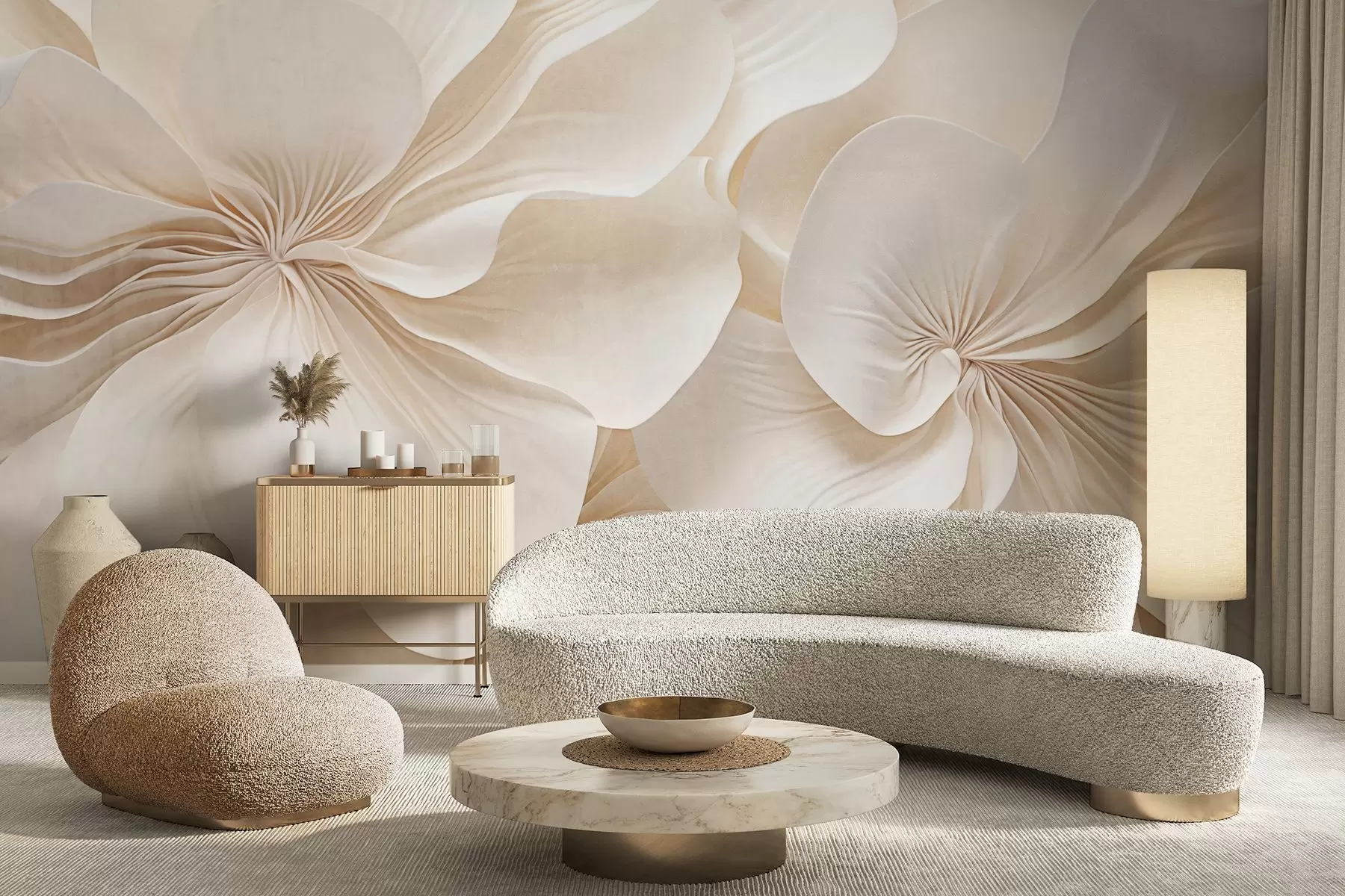 Fototapete Nahaufnahme von cremig strukturierten Blumen mit zarten, fließenden Blütenblättern, die ein weiches, elegantes und strukturiertes Blumenarrangement ergeben w09346