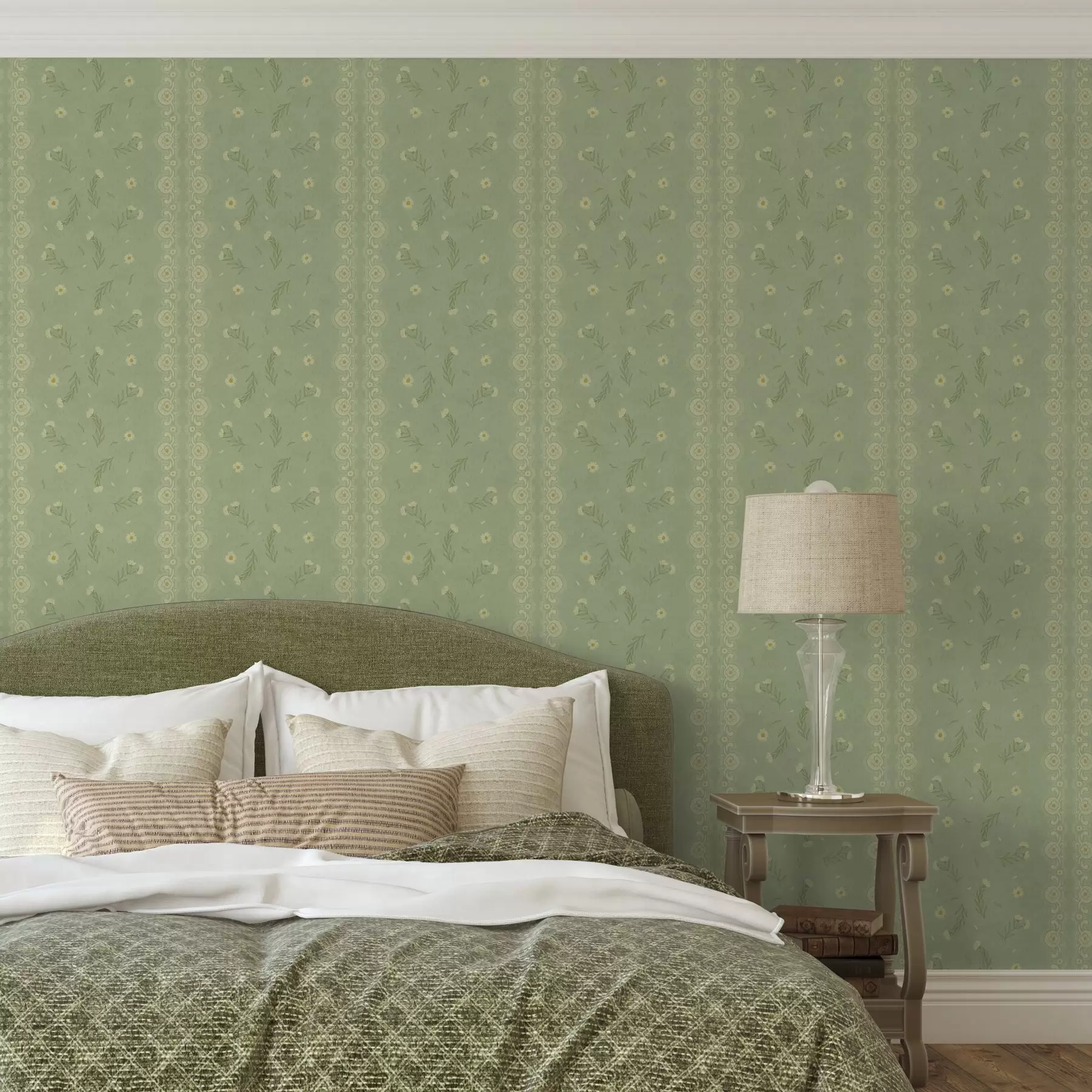 Fototapete Grüner Hintergrund mit Gänseblümchen und Spitzenrand a00291