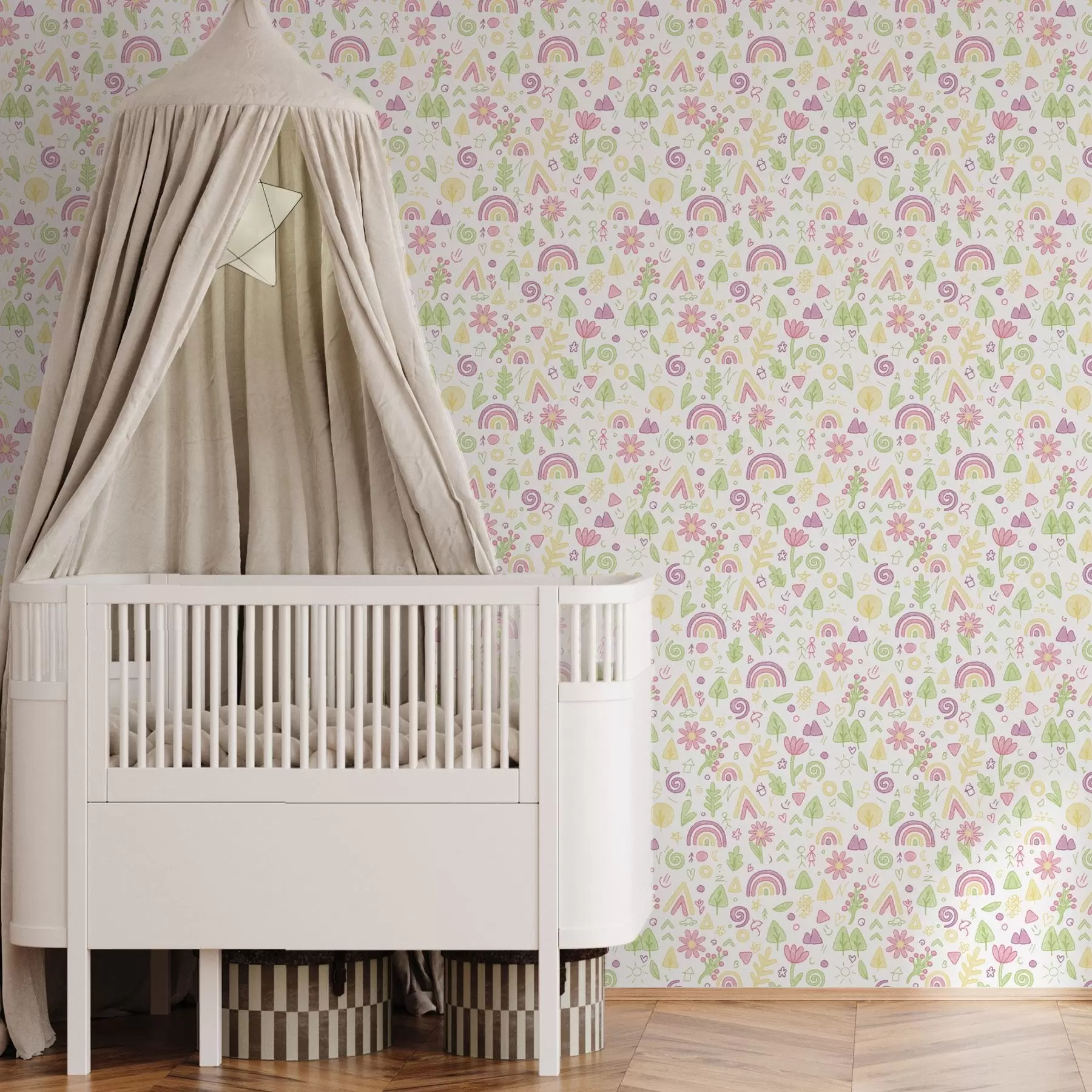 Fototapete Kinderzeichnung mit Regenbögen, Blumen und Bäumen a00296