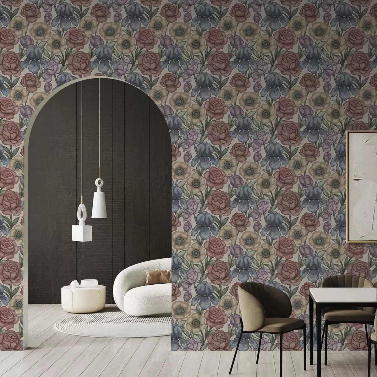 Tapete Große florale Illustrationen mit Schwertlilien und Pfingstrosen a00325