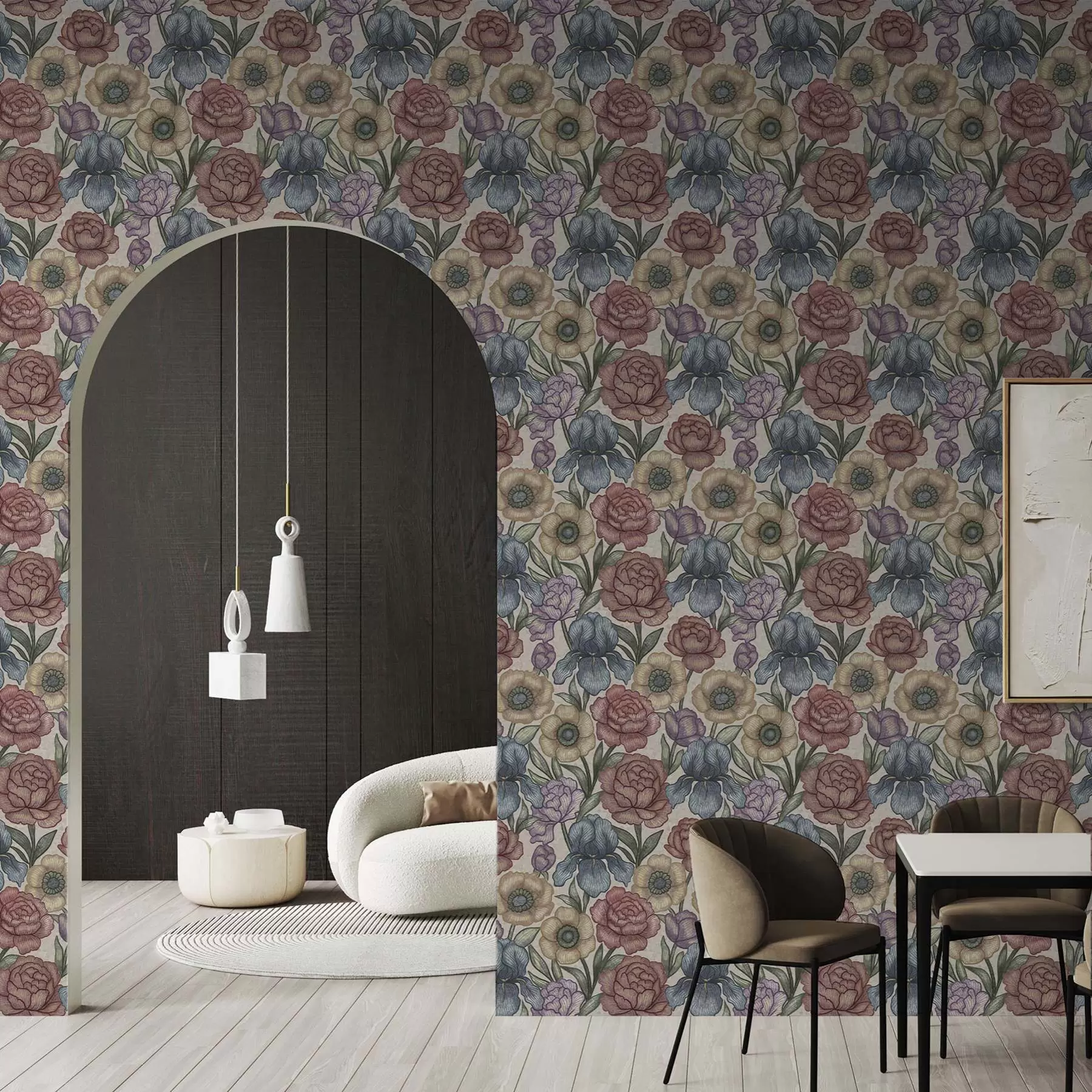 Fototapete Große florale Illustrationen mit Schwertlilien und Pfingstrosen a00325