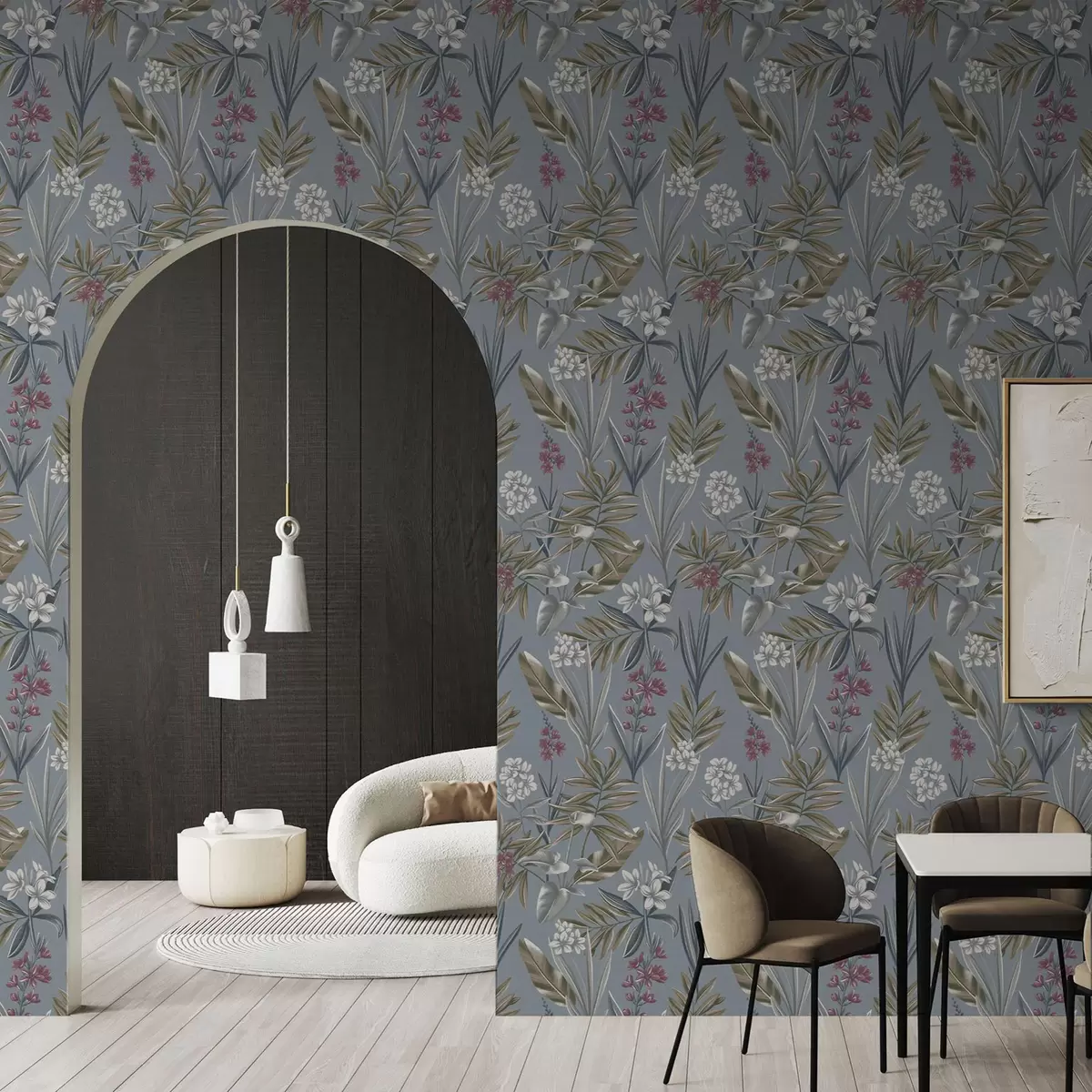 Tapete Florale Zweige auf blau-grauem Hintergrund a00350