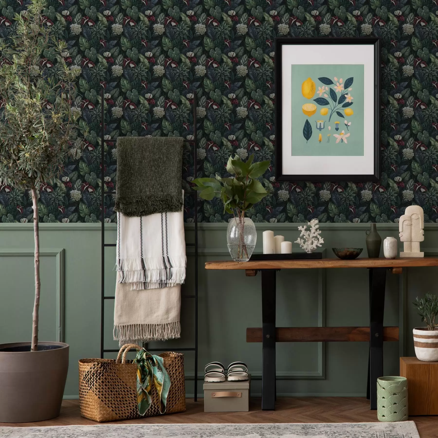 Fototapete Tropische Blätter mit weißen und roten Blüten a00361