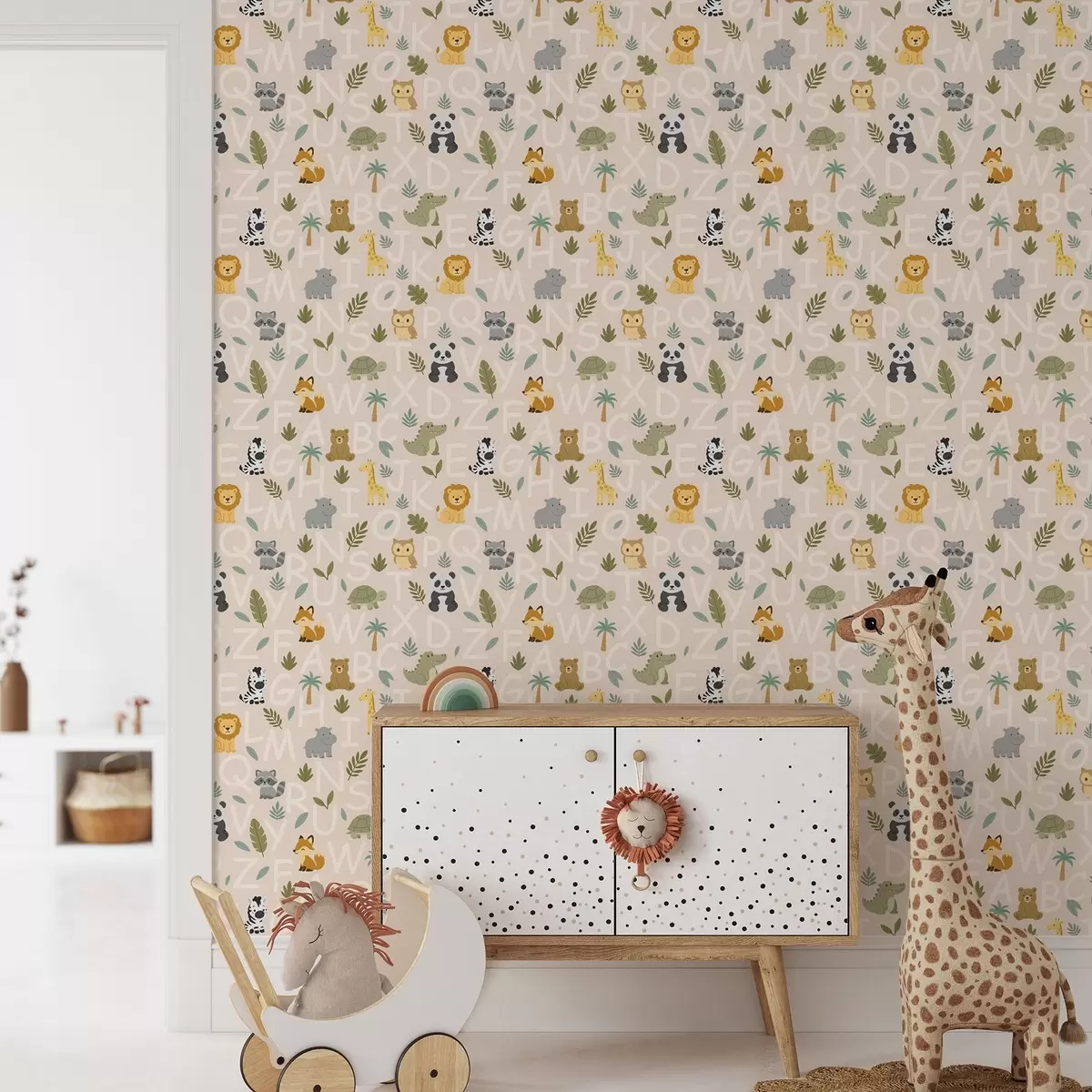 Tapete Alphabet mit niedlichen Tieren und Pflanzen für Kinder a00400