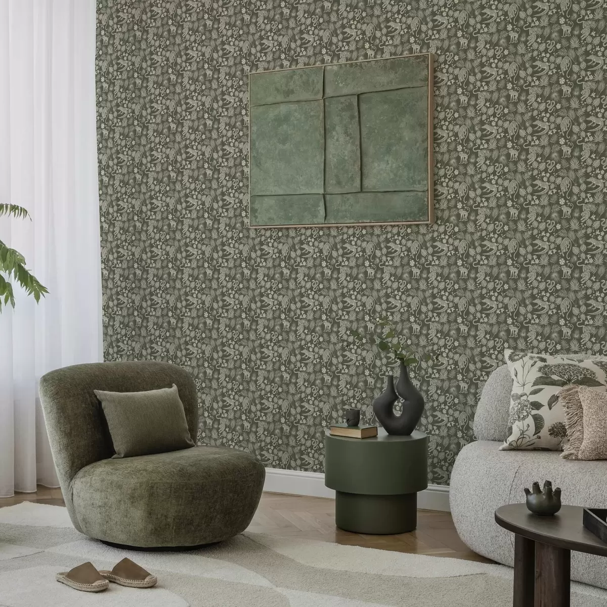 Tapete Silhouetten von Wildtieren zwischen tropischen Blättern a00404