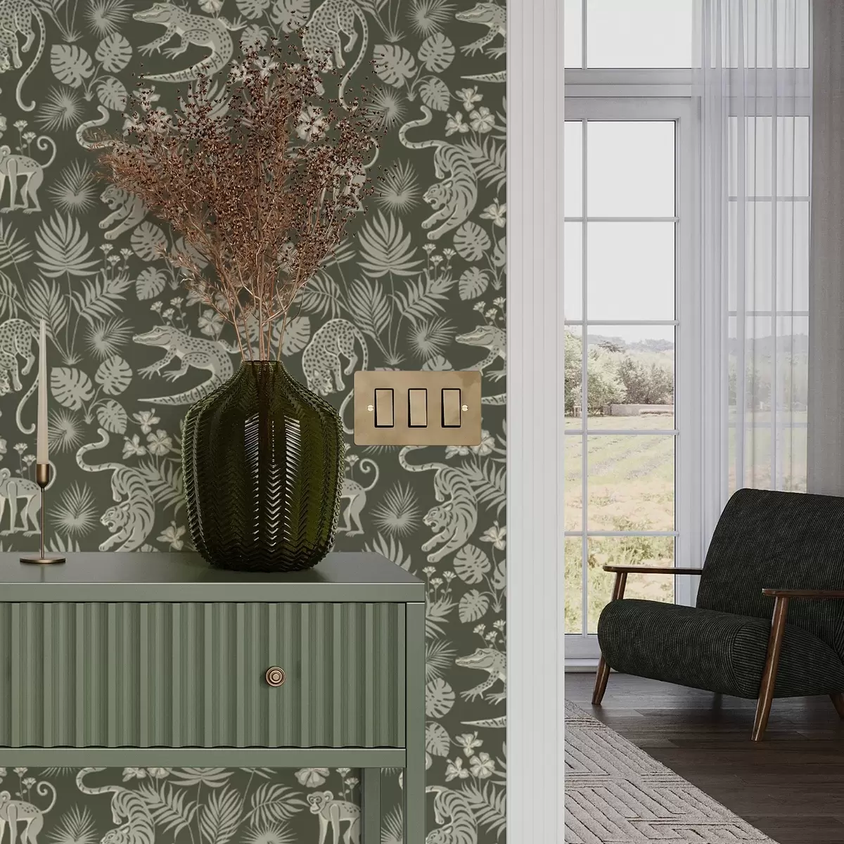 Tapete Silhouetten von Wildtieren zwischen tropischen Blättern a00404