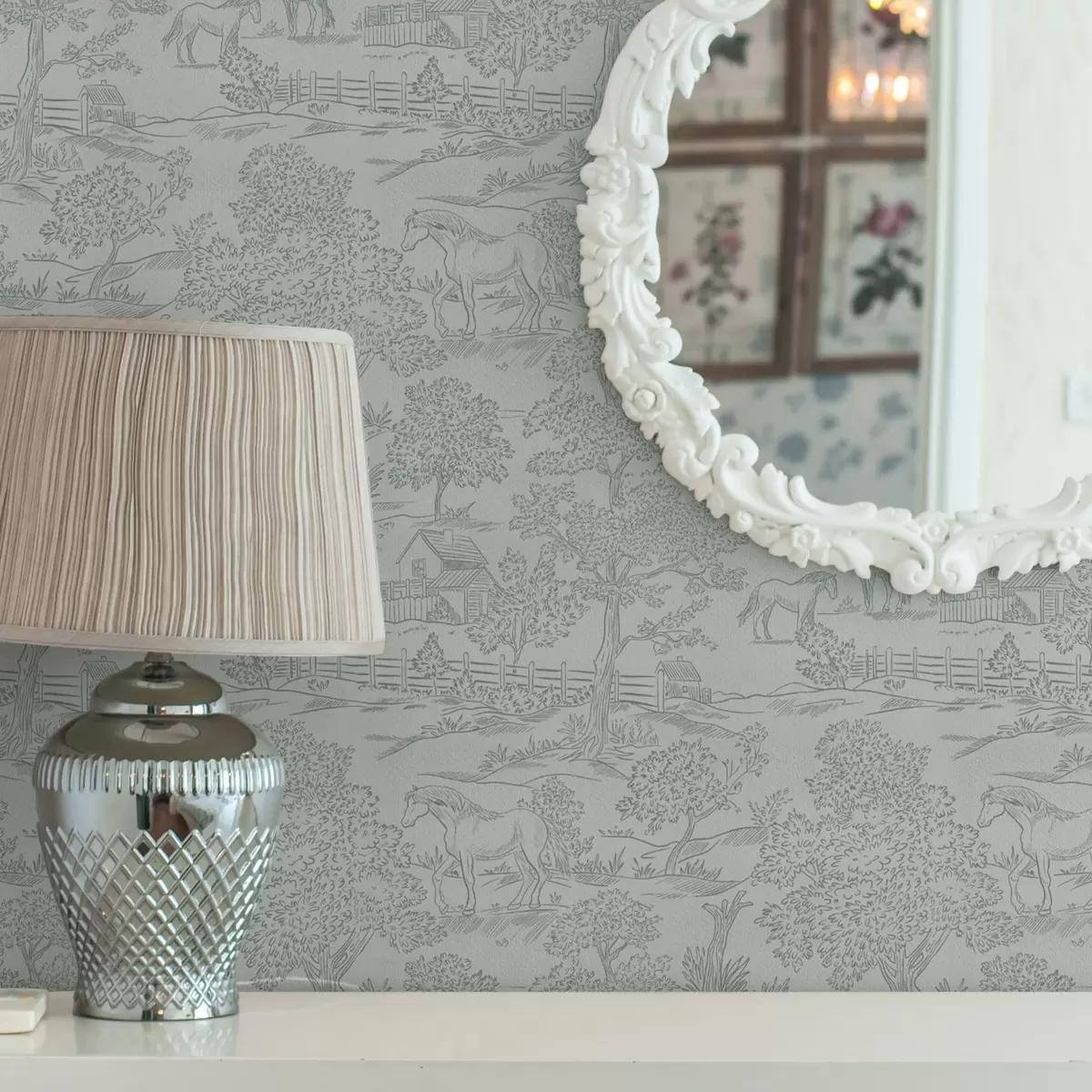 Tapete Grüne monochrome Landschaft mit Pferden und Häusern a00407