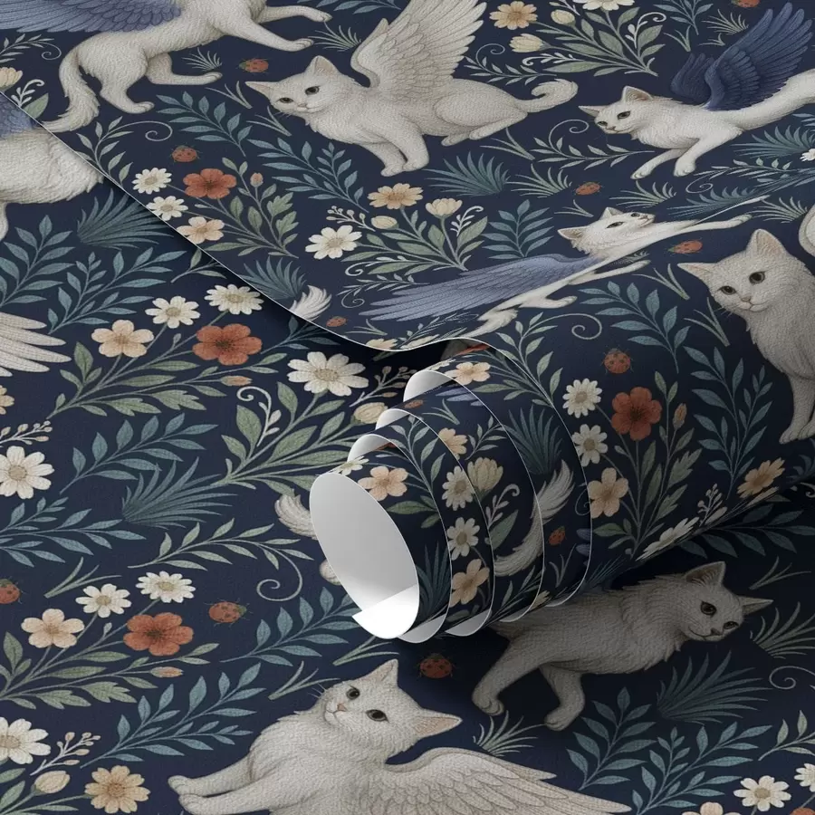 Fototapete Fantasiekatzen mit Flügeln zwischen Blumen a00408