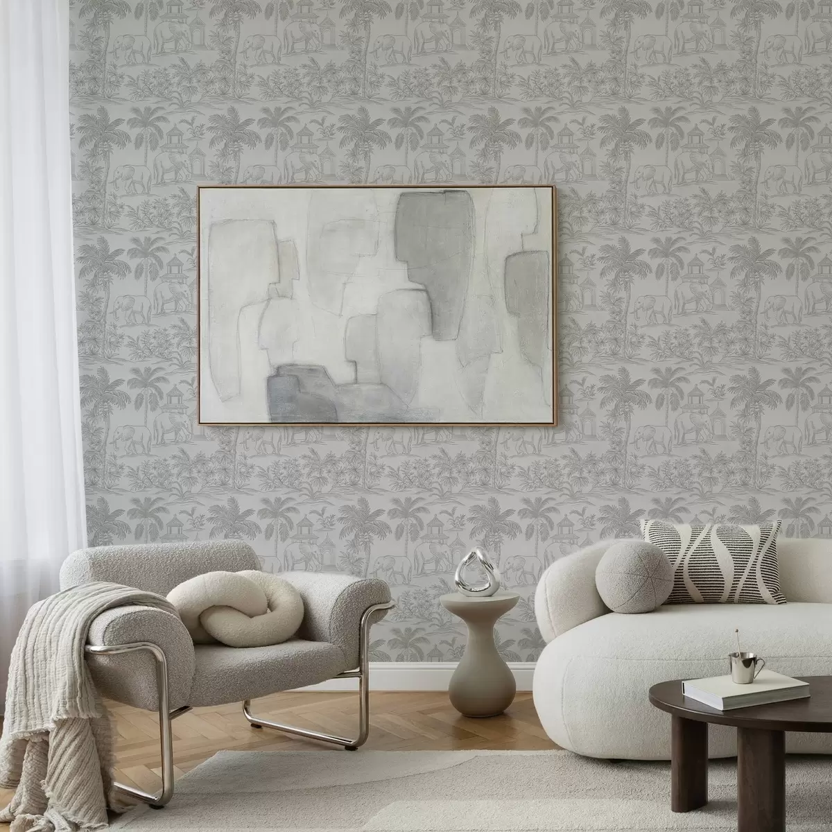 Tapete Monochrome Elefanten und Dschungel im grafischen Stil a00410