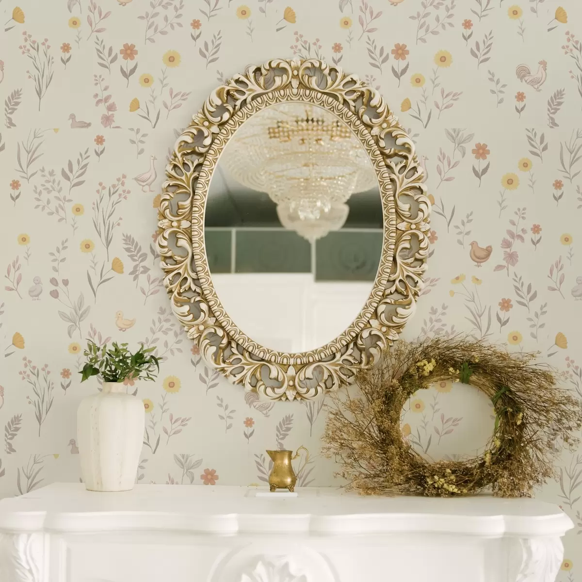 Tapete Feldblumen und Hühner in sanften Pastelltönen a00478