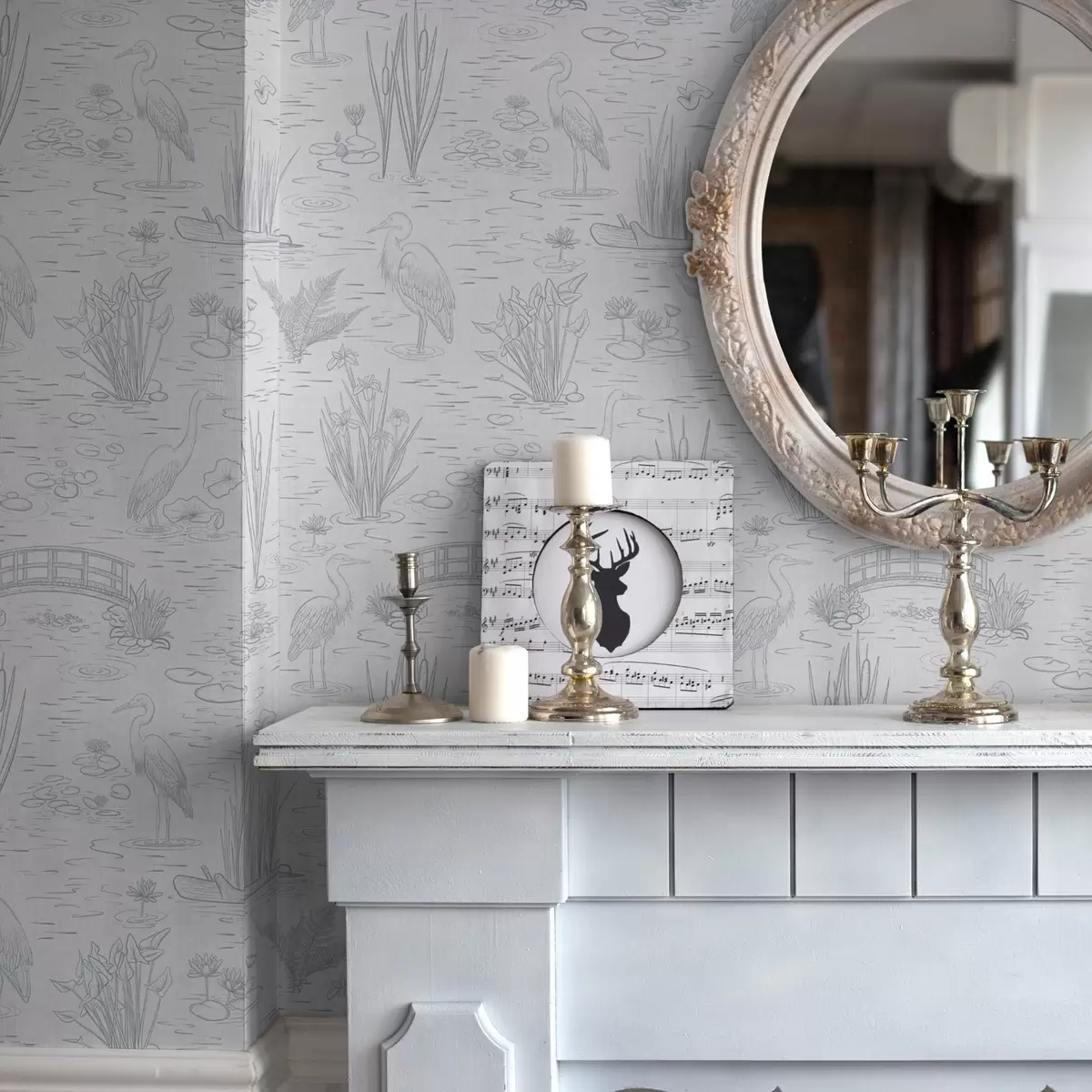 Tapete Zeichnung von Reihern und Wasserpflanzen in ruhigen Grautönen a00479