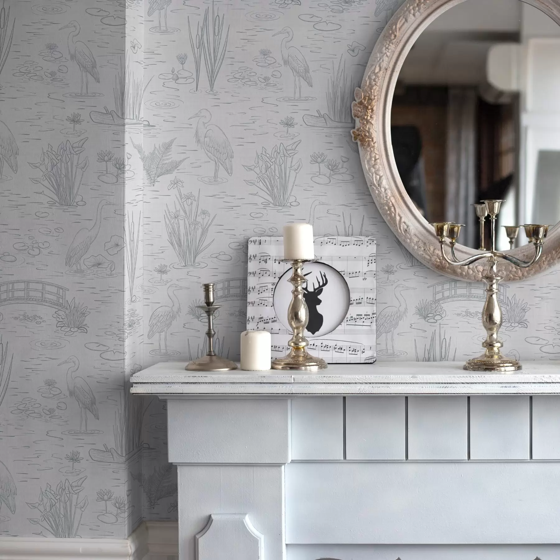 Fototapete Zeichnung von Reihern und Wasserpflanzen in ruhigen Grautönen a00479