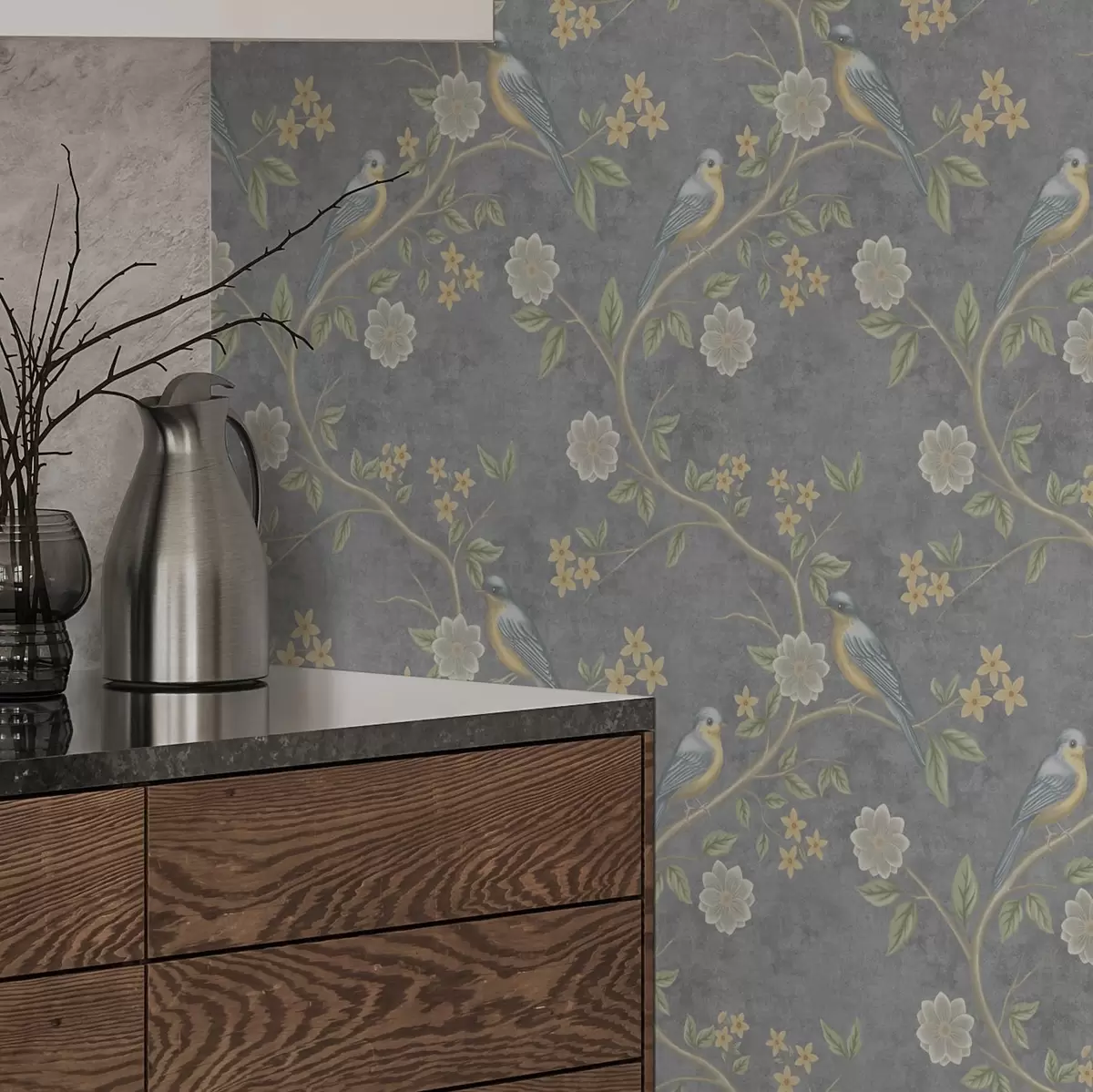 Tapete Vögel auf Zweigen zwischen Blumen auf einem grauen Hintergrund a00483