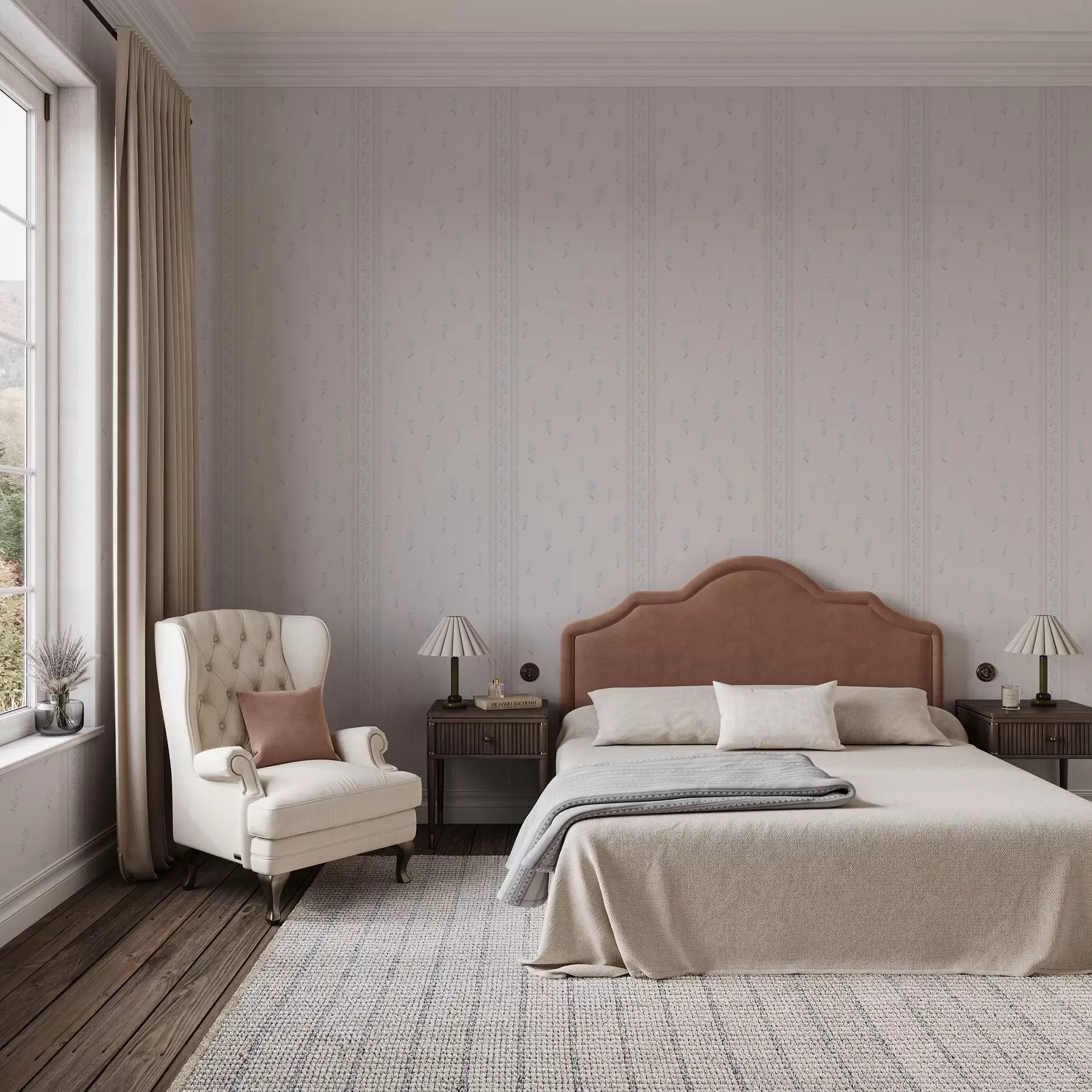 Fototapete Rosa Hintergrund mit zarten blauen Blumen und Rand a00484