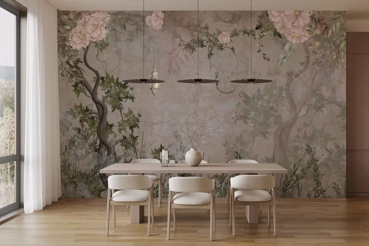 Fototapete Feengarten mit Blumen, Bäumen und Laterne w04416