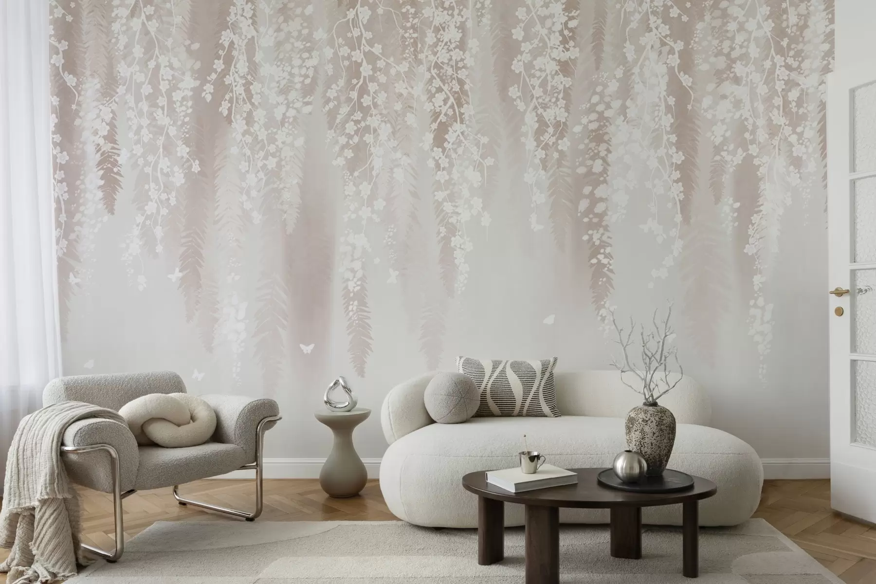 Fototapete Helle Zweige mit weißen Blüten auf sanftem Hintergrund w04417