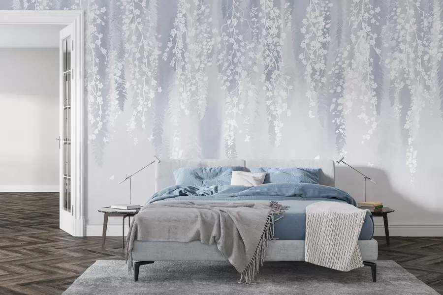 Fototapete Kühle blaue Version von Zweigen mit weißen Blüten w04417v2