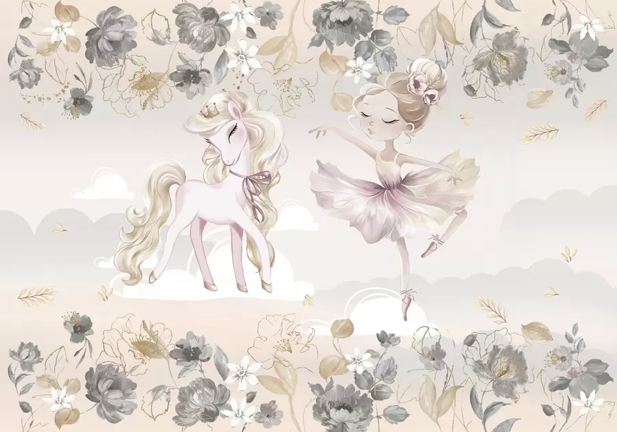 Fototapete Schneeweißes Pony und Ballerina zwischen Blumen und Wolken w04419
