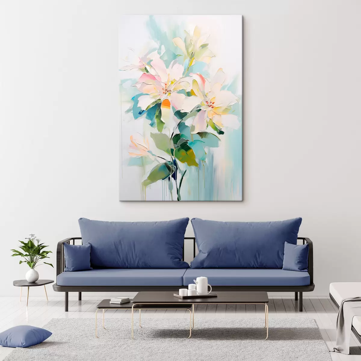 Wandbilder Blumen mit bunten Akzenten, grüne Blätter, weiche Pinselstriche Ölgemälde Nachahmung, hellblauem Hintergrund s45549