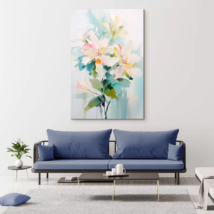 Wandbilder Blumen mit bunten Akzenten, grüne Blätter, weiche Pinselstriche Ölgemälde Nachahmung, hellblauem Hintergrund s45549