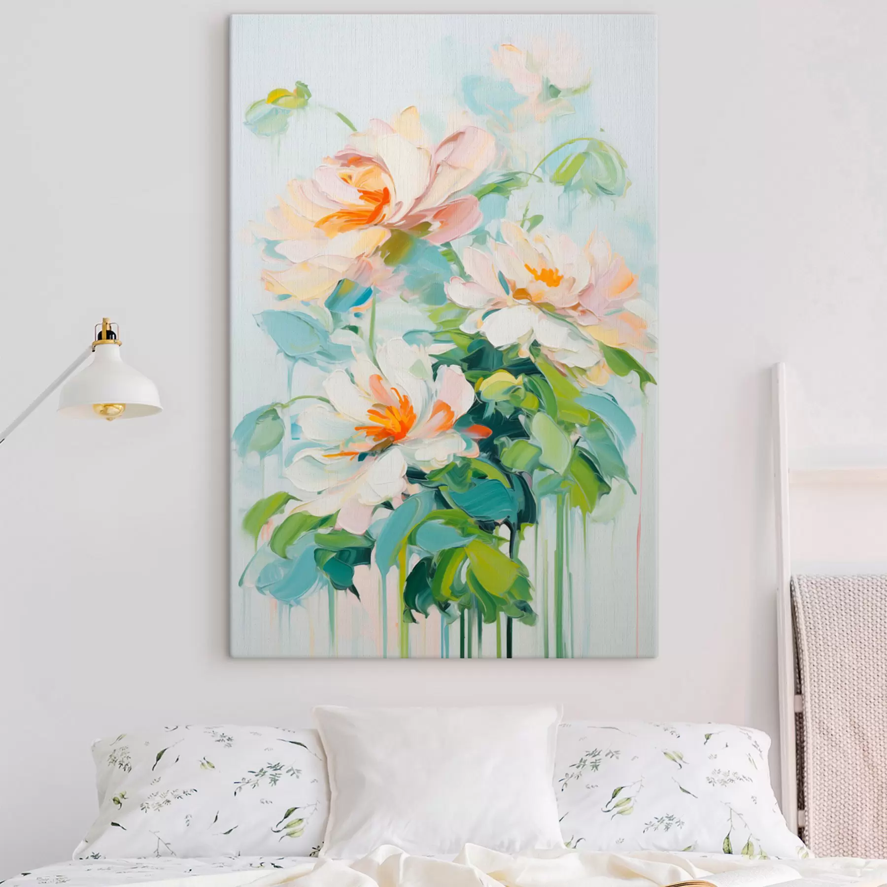 Wandbilder Weiß und Pastell Pfirsich Blumen, grüne Blätter, weiche Pinselstriche Ölgemälde Nachahmung, hellblauem Hintergrund s45550